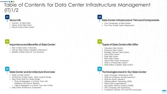 Table Of Contents For Data Center Infrastructure Management IT Architecture Brochure PDF Table Of Contents For Data Center Infrastructure Management IT Architecture Brochure PDF