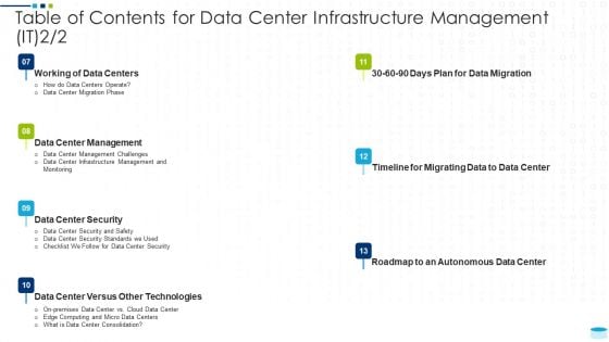 Table Of Contents For Data Center Infrastructure Management IT Migration Sample PDF