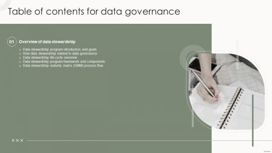 Table Of Contents For Data Governance Flow Ppt PowerPoint Presentation File Example PDF