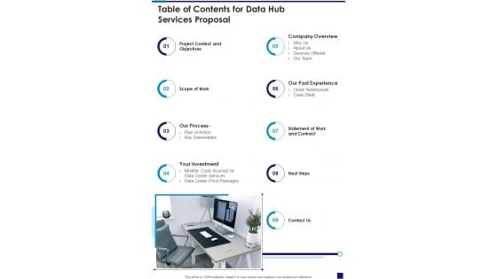 Table Of Contents For Data Hub Services Proposal One Pager Sample Example Document Table Of Contents For Data Hub Services Proposal One Pager Sample Example Document