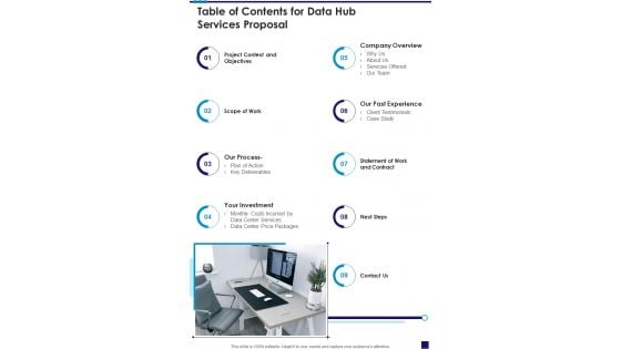 Table Of Contents For Data Hub Services Proposal One Pager Sample Example Document