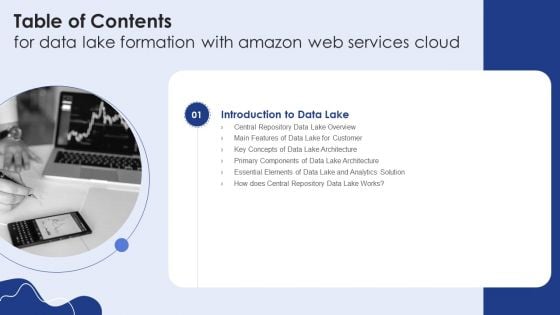 Table Of Contents For Data Lake Formation With Amazon Web Services Cloud Key Mockup PDF