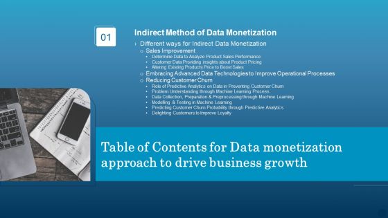 Table Of Contents For Data Monetization Approach To Drive Business Growth Sales Clipart PDF