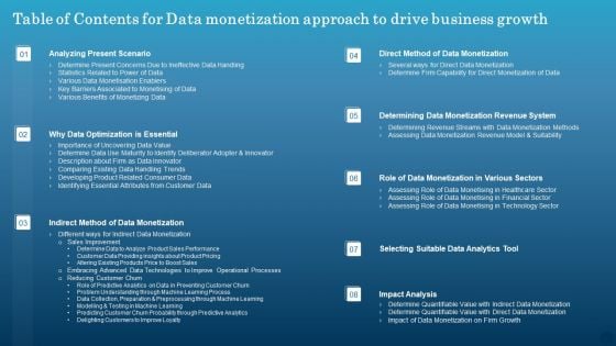 Table Of Contents For Data Monetization Approach To Drive Business Growth Template PDF Table Of Contents For Data Monetization Approach To Drive Business Growth Template PDF