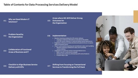 Table Of Contents For Data Processing Services Delivery Model Ppt Pictures Vector PDF