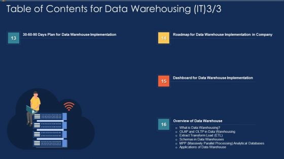 Table Of Contents For Data Warehousing IT Plan Ppt Gallery Shapes PDF Table Of Contents For Data Warehousing IT Plan Ppt Gallery Shapes PDF