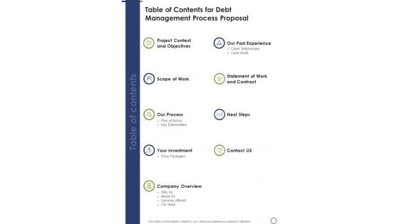 Table Of Contents For Debt Management Process Research Proposal One Pager Sample Example Document