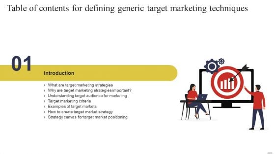 Table Of Contents For Defining Generic Target Marketing Techniques Strategy Clipart PDF