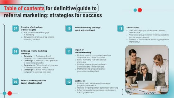 Table Of Contents For Definitive Guide To Referral Marketing Strategies For Success Ppt PowerPoint Presentation File Styles PDF