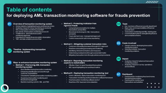 Table Of Contents For Deploying AML Transaction Monitoring Software For Frauds Prevention Template PDF