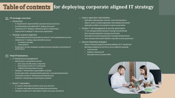 Table Of Contents For Deploying Corporate Aligned IT Strategy Download PDF