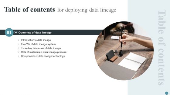 Table Of Contents For Deploying Data Lineage Slide Brochure PDF