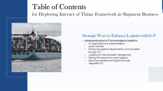 Table Of Contents For Deploying Internet Of Things Framework In Shipment Business Audit Formats PDF