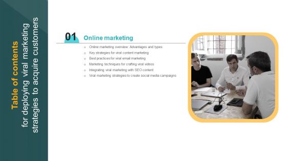 Table Of Contents For Deploying Viral Marketing Strategies To Acquire Customers Slide Sample PDF Table Of Contents For Deploying Viral Marketing Strategies To Acquire Customers Slide Sample PDF
