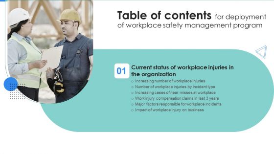 Table Of Contents For Deployment Of Workplace Safety Management Program Impact Clipart PDF