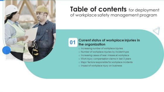 Table Of Contents For Deployment Of Workplace Safety Management Program Impact Clipart PDF Table Of Contents For Deployment Of Workplace Safety Management Program Impact Clipart PDF