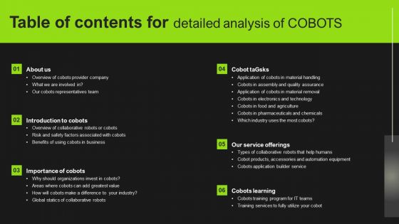 Table Of Contents For Detailed Analysis Of COBOTS Structure PDF Table Of Contents For Detailed Analysis Of COBOTS Structure PDF