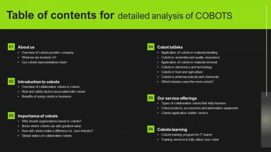 Table Of Contents For Detailed Analysis Of COBOTS Structure PDF