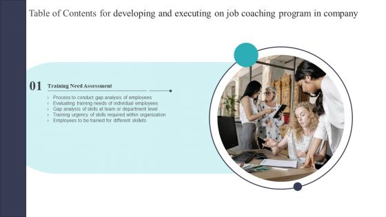 Table Of Contents For Developing And Executing On Job Coaching Program In Company Graphics PDF