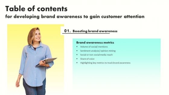 Table Of Contents For Developing Brand Awareness To Gain Customer Attention Slide Diagrams PDF
