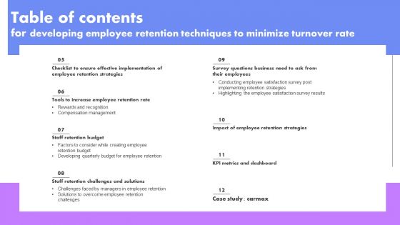 Table Of Contents For Developing Employee Retention Techniques To Minimize Turnover Rate Background PDF