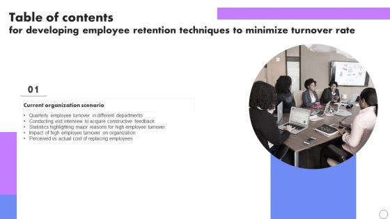 Table Of Contents For Developing Employee Retention Techniques To Minimize Turnover Rate Slide Summary PDF Table Of Contents For Developing Employee Retention Techniques To Minimize Turnover Rate Slide Summary PDF