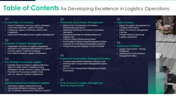 Table Of Contents For Developing Excellence In Logistics Operations Information PDF