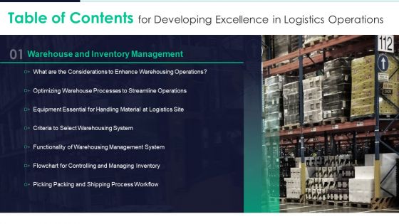 Table Of Contents For Developing Excellence In Logistics Operations Slide Structure PDF
