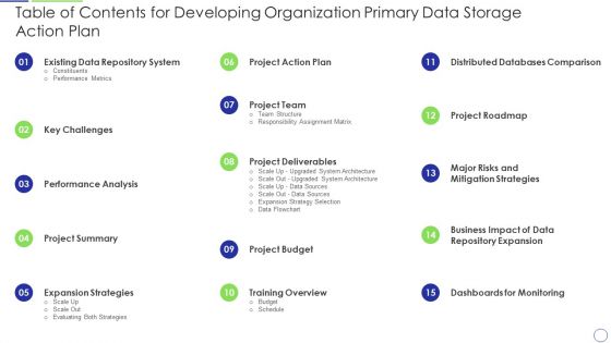 Table Of Contents For Developing Organization Primary Data Storage Action Plan Mockup PDF Table Of Contents For Developing Organization Primary Data Storage Action Plan Mockup PDF
