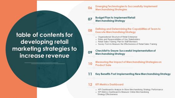 Table Of Contents For Developing Retail Marketing Strategies To Increase Revenue Mockup PDF