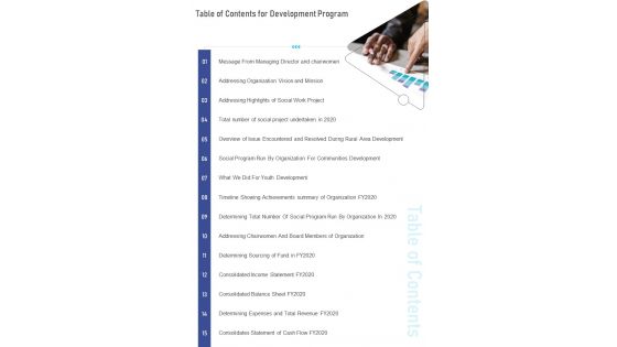 Table Of Contents For Development Program One Pager Documents Table Of Contents For Development Program One Pager Documents