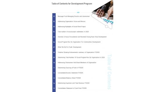 Table Of Contents For Development Program One Pager Documents