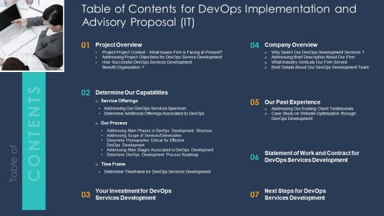 Table Of Contents For Devops Implementation And Advisory Proposal IT Brochure PDF