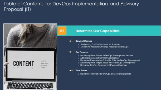 Table Of Contents For Devops Implementation And Advisory Proposal IT Determine Structure PDF