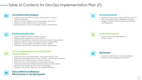 Table Of Contents For Devops Implementation Plan IT Brochure PDF
