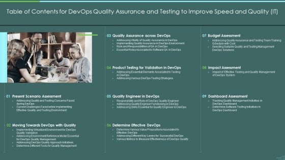 Table Of Contents For Devops Quality Assurance And Testing To Improve Speed And Quality IT Mockup PDF Table Of Contents For Devops Quality Assurance And Testing To Improve Speed And Quality IT Mockup PDF