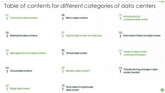 Table Of Contents For Different Categories Of Data Centers Elements PDF Table Of Contents For Different Categories Of Data Centers Elements PDF