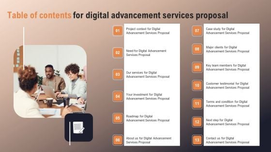 Table Of Contents For Digital Advancement Services Proposal Portrait PDF