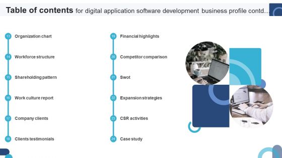 Table Of Contents For Digital Application Software Development Business Profile Sample PDF