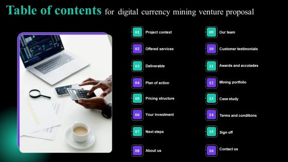 Table Of Contents For Digital Currency Mining Venture Proposal Template PDF