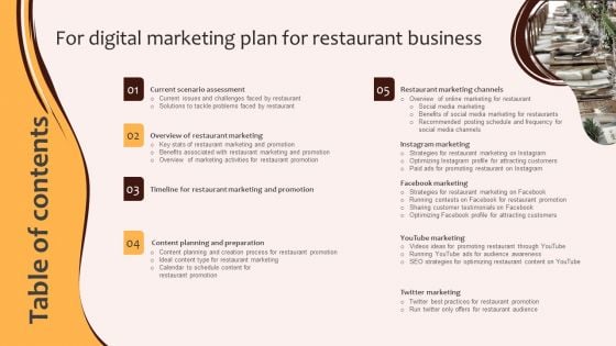 Table Of Contents For Digital Marketing Plan For Restaurant Business Designs PDF