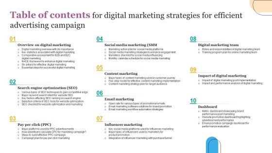 Table Of Contents For Digital Marketing Strategies For Efficient Advertising Campaign Ppt Professional Clipart PDF