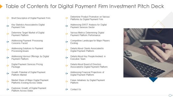Table Of Contents For Digital Payment Firm Investment Pitch Deck Structure PDF Table Of Contents For Digital Payment Firm Investment Pitch Deck Structure PDF