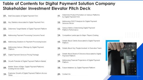 Table Of Contents For Digital Payment Solution Company Stakeholder Investment Elevator Pitch Deck Background PDF