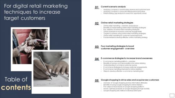 Table Of Contents For Digital Retail Marketing Techniques To Increase Target Customers Microsoft PDF Table Of Contents For Digital Retail Marketing Techniques To Increase Target Customers Microsoft PDF