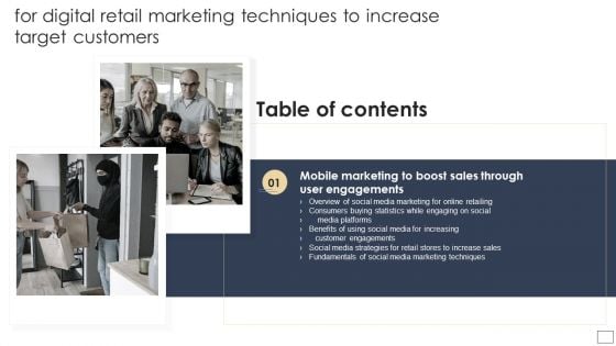 Table Of Contents For Digital Retail Marketing Techniques To Increase Target Customers Slide Inspiration PDF