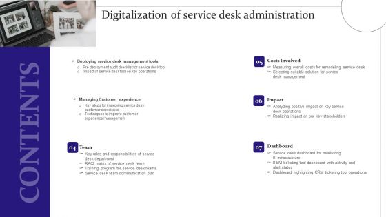 Table Of Contents For Digitalization Of Service Desk Administration Ppt Outline Icon PDF