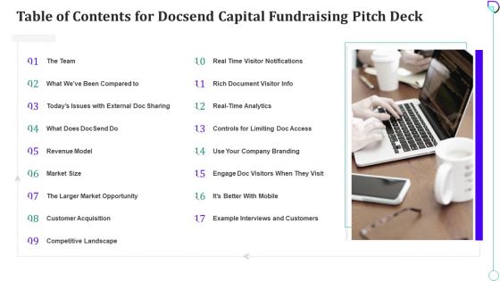 Table Of Contents For Docsend Capital Fundraising Pitch Deck Ppt Inspiration Ideas PDF Table Of Contents For Docsend Capital Fundraising Pitch Deck Ppt Inspiration Ideas PDF