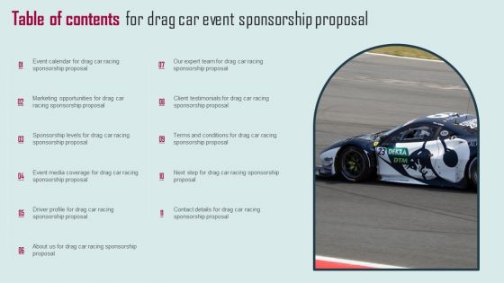 Table Of Contents For Drag Car Event Sponsorship Proposal Demonstration PDF