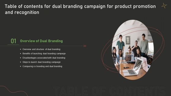 Table Of Contents For Dual Branding Campaign For Product Promotion And Recognition Slide Professional PDF